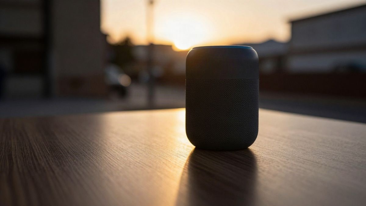 Imagen ilustrativa: altavoz inteligente en una mesa a contraluz durante el atardecer