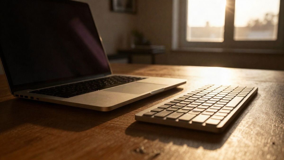 Imagen ilustrativa: un portátil cerrado y un teclado sobre una mesa de madera, iluminados por la luz baja del atardecer con sombras largas