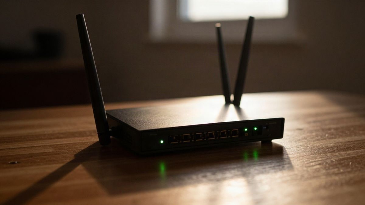 Imagen ilustrativa: router doméstico con luces de estado sobre un escritorio de madera al contraluz del atardecer