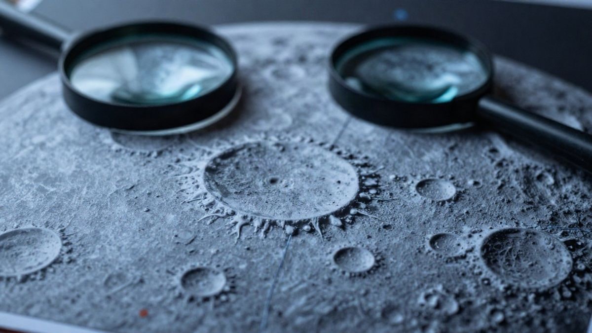 Imagen ilustrativa: primer plano de un mapa lunar con cráteres y curvas de nivel