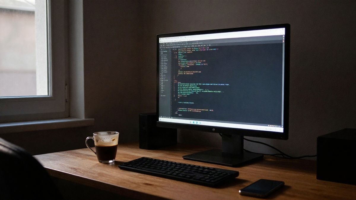 Imagen ilustrativa: escritorio con monitor encendido y luz de ventana lateral en una habitación en penumbra