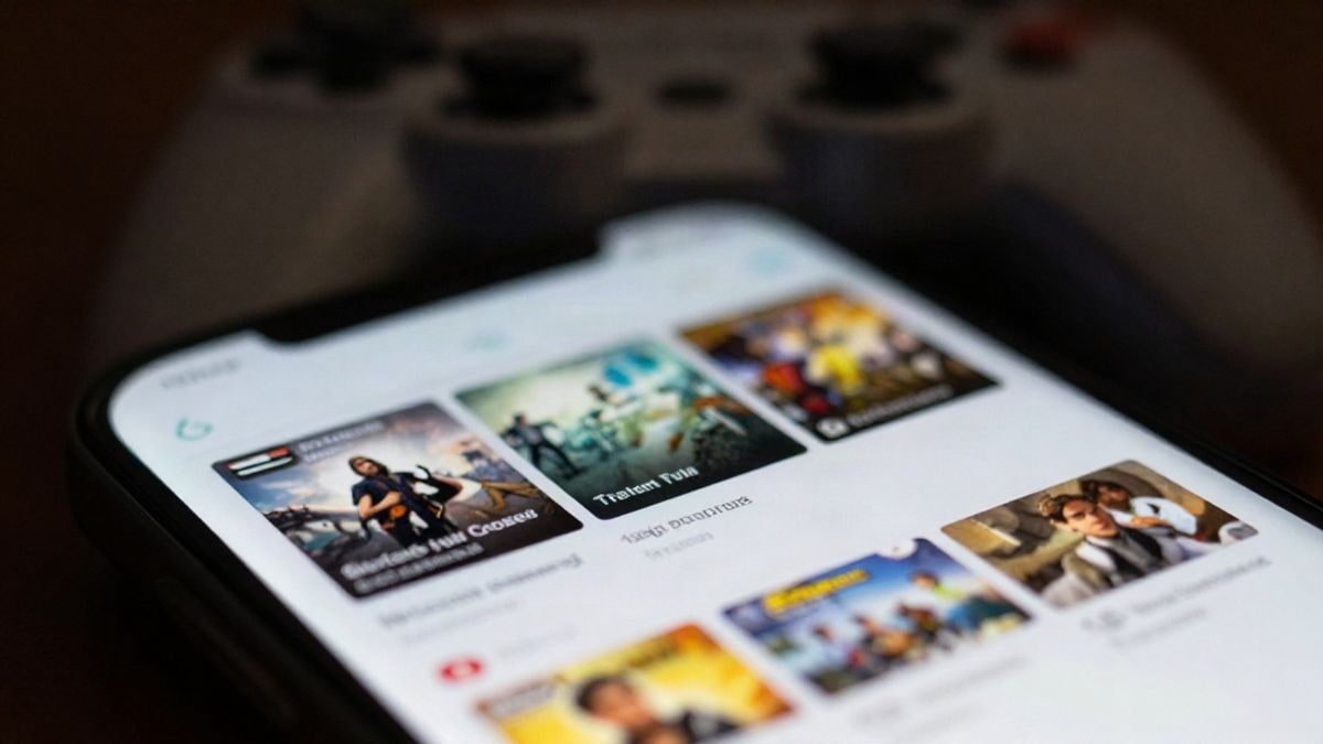 Imagen ilustrativa: primer plano de una pantalla de smartphone con una interfaz de biblioteca de juegos desenfocada