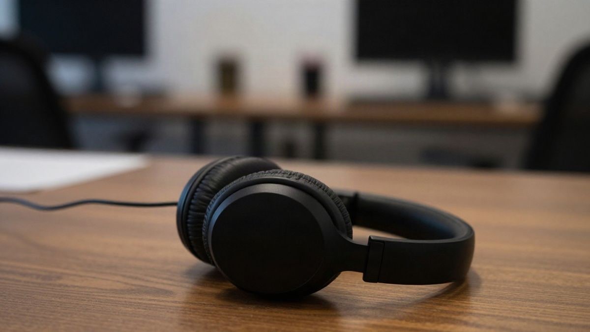 Imagen ilustrativa: unos auriculares negros sobre una mesa de madera con el fondo desenfocado