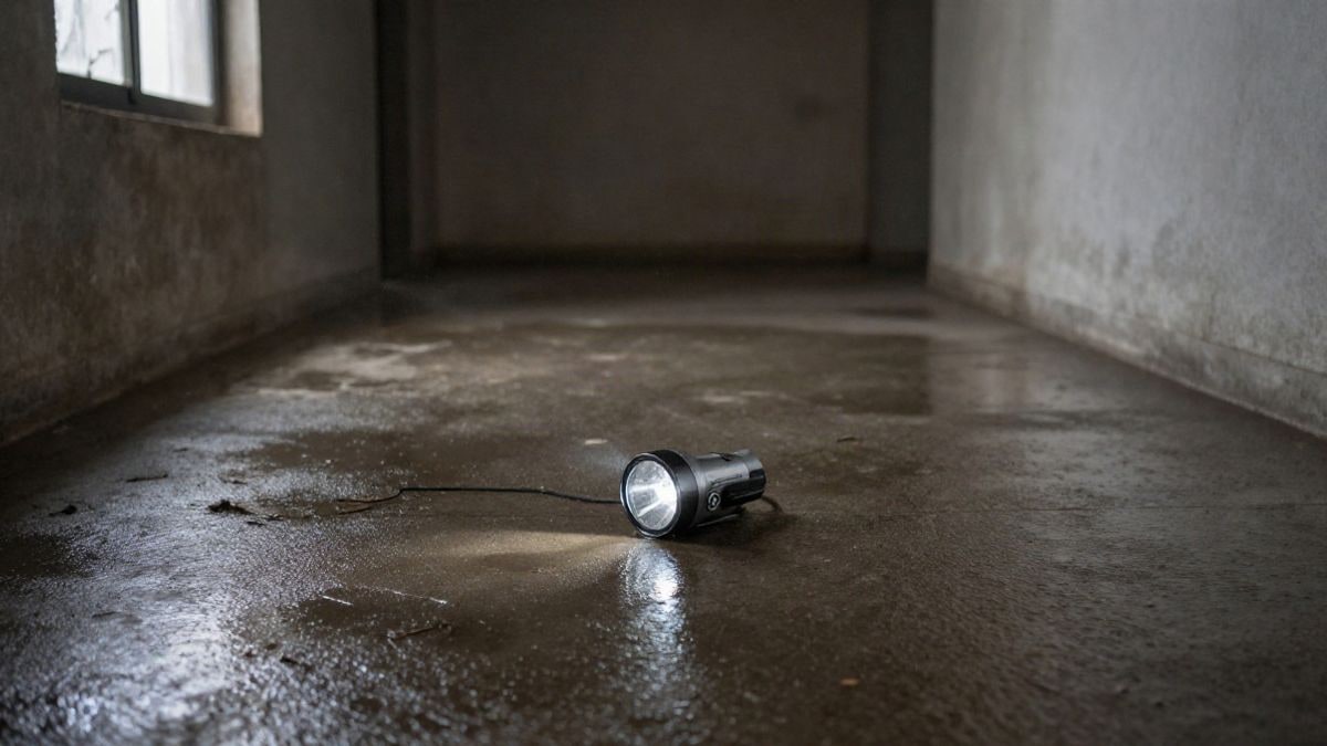 Imagen ilustrativa: una linterna sobre el suelo mojado de un pasillo oscuro, con luz tenue que entra por una ventana rota