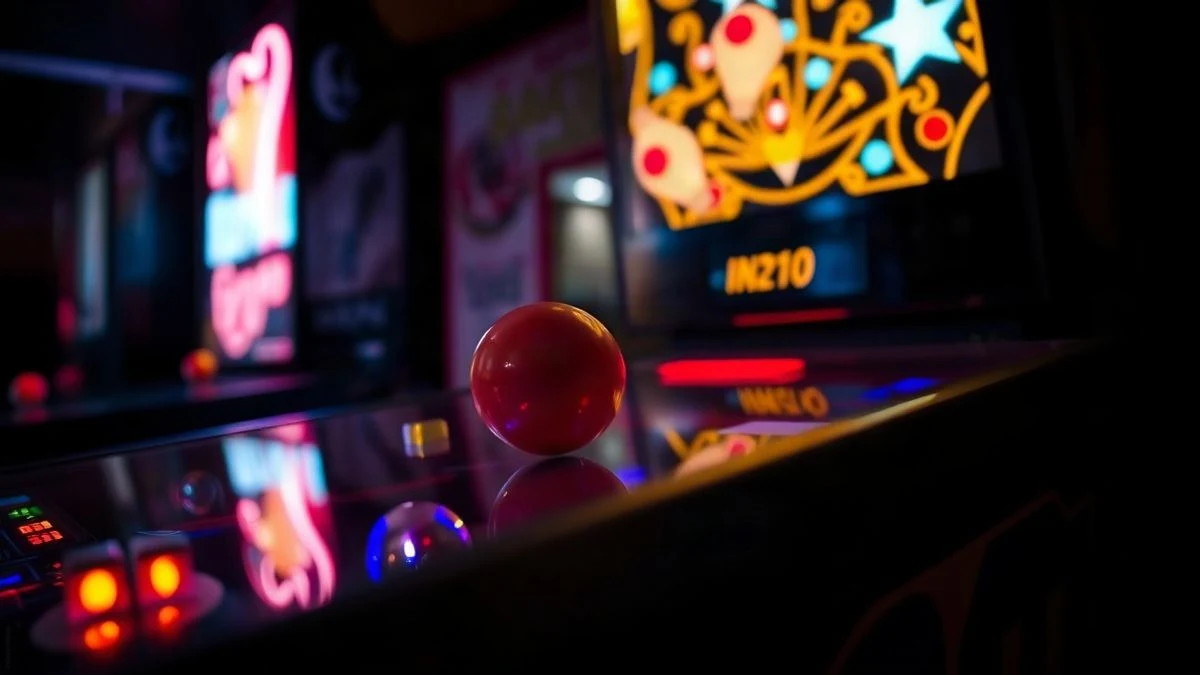 Imagen ilustrativa: primer plano de una máquina de pinball con la bola atravesando un obstáculo, iluminación dramática y fondo desenfocado.