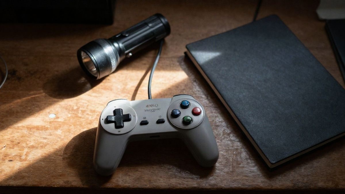 Imagen ilustrativa: mando de videojuego antiguo y una libreta cerrada sobre una mesa de madera, vistos desde arriba con luz natural