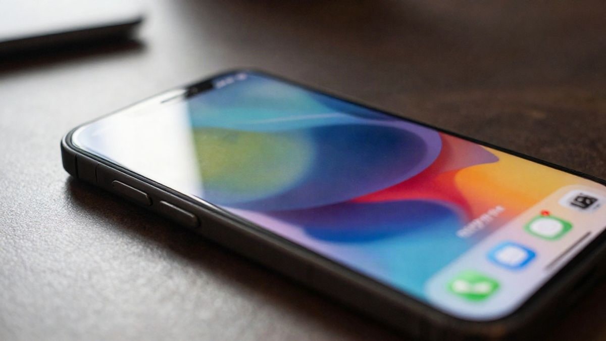 Imagen ilustrativa: primer plano macro de una pantalla de smartphone con una interfaz de usuario colorida y abstracta