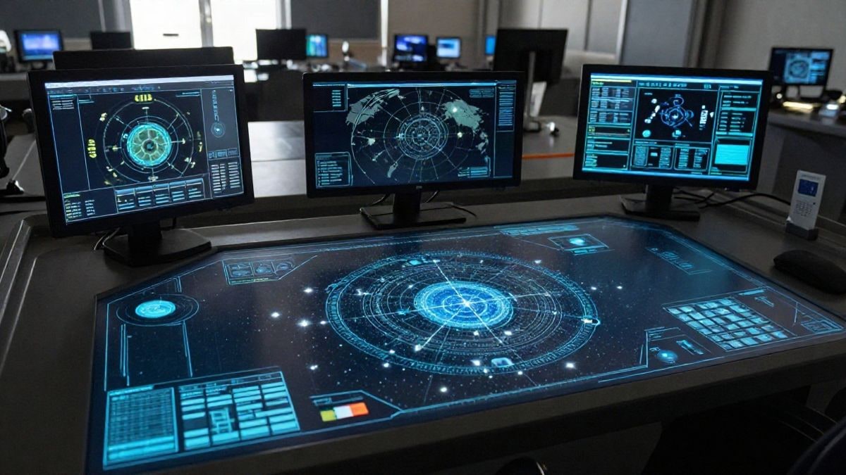 Imagen ilustrativa: vista cenital de un escritorio futurista con mapas estelares holográficos