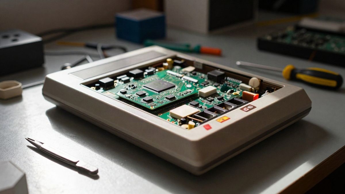 Imagen ilustrativa: consola retro desmontada sobre una mesa de trabajo con herramientas y componentes electrónicos
