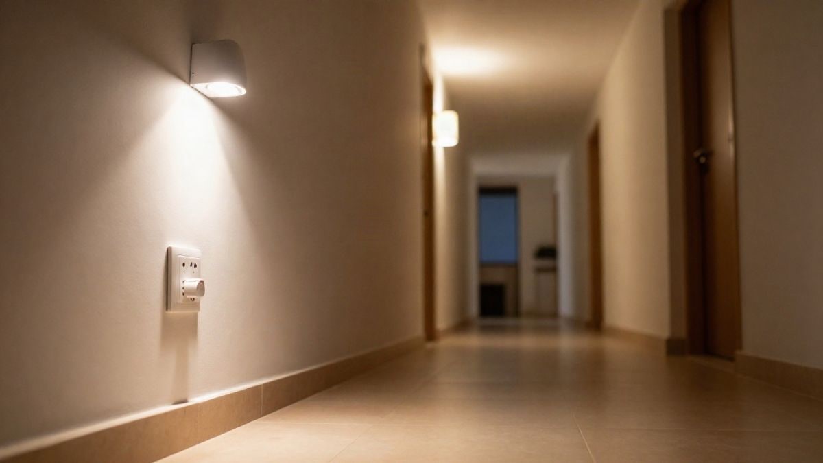 Imagen ilustrativa: enchufe de pared con un pequeño dispositivo blanco en un pasillo de vivienda iluminado de noche