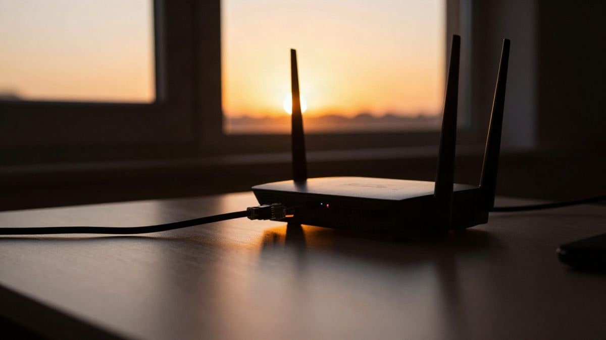 Imagen ilustrativa: silueta de un router y cables de red a contraluz al atardecer sobre una mesa