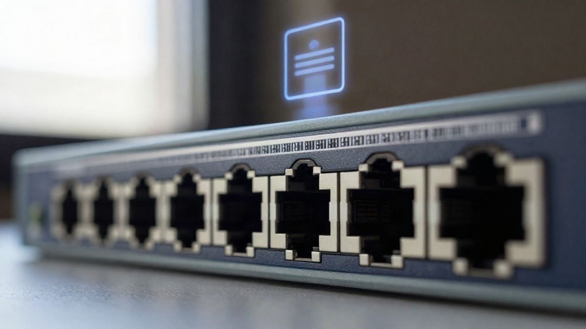 Imagen ilustrativa: primer plano macro de un switch de red con puertos ethernet iluminados y un holograma de nube