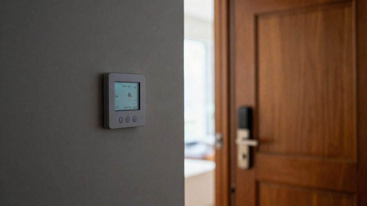Imagen ilustrativa: panel de control domótico en una pared y cerradura inteligente en una puerta de madera
