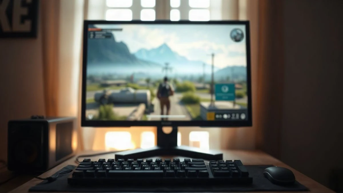 Imagen ilustrativa: un monitor de PC mostrando una escena de juego de mundo abierto borrosa, con teclado y ratón en primer plano.