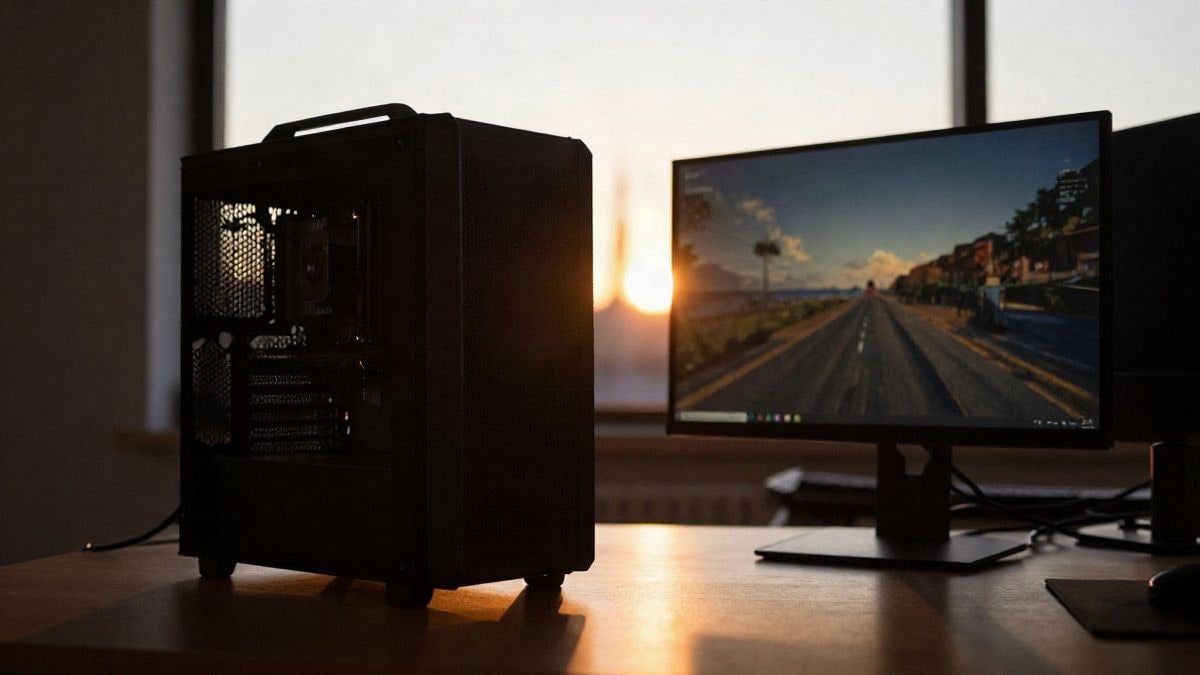 Imagen ilustrativa: silueta de un equipo de sobremesa y un monitor en un escritorio a contraluz al atardecer