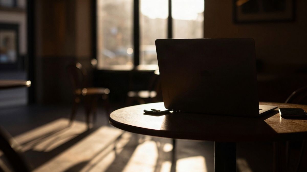 Imagen ilustrativa: silueta de un portátil sobre una mesa de cafetería a contraluz al atardecer