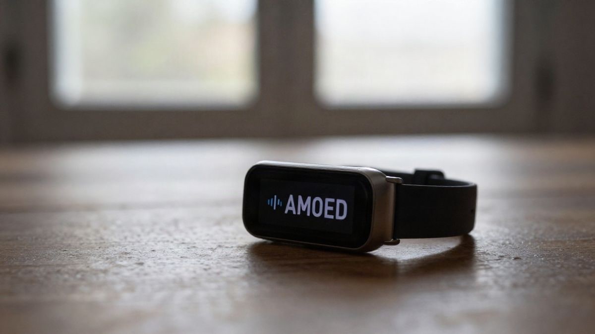 Imagen ilustrativa: pulsera de actividad física con pantalla y marco metálico sobre una mesa de madera
