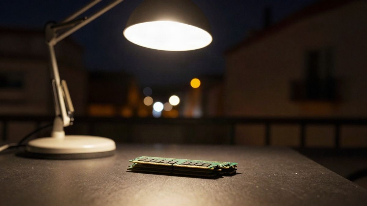Imagen ilustrativa: módulos de memoria con contactos dorados sobre una mesa de trabajo iluminada por una lámpara cálida de noche