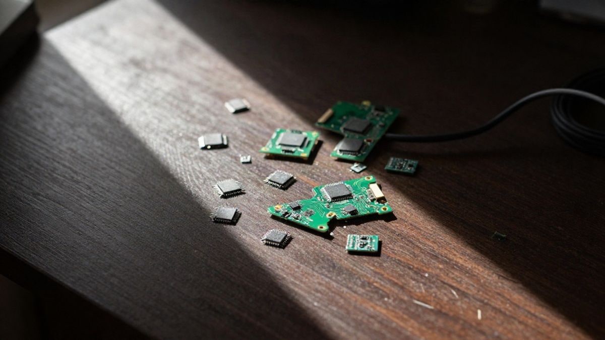 Imagen ilustrativa: vista cenital de microchips y una placa de circuito sobre una mesa de madera con luz natural