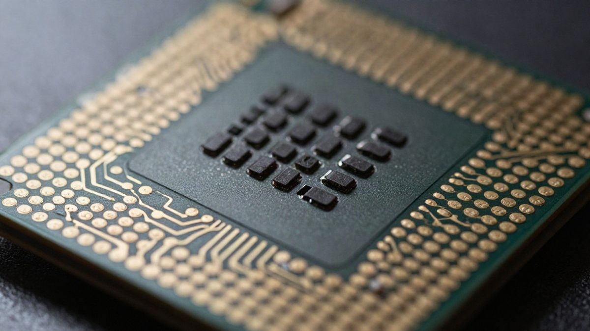 Imagen ilustrativa: primer plano macro de un chip de procesador con circuitos