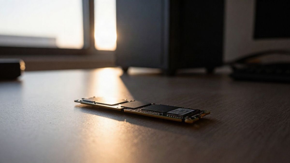 Imagen ilustrativa: una unidad SSD M.2 con disipador de aluminio sobre una mesa a contraluz al atardecer