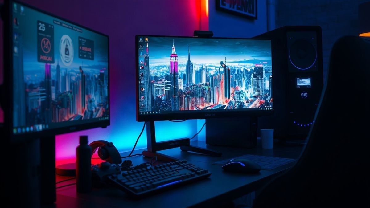 Imagen ilustrativa: un puesto de gaming con monitor y teclado iluminado por luces de neón por la noche.