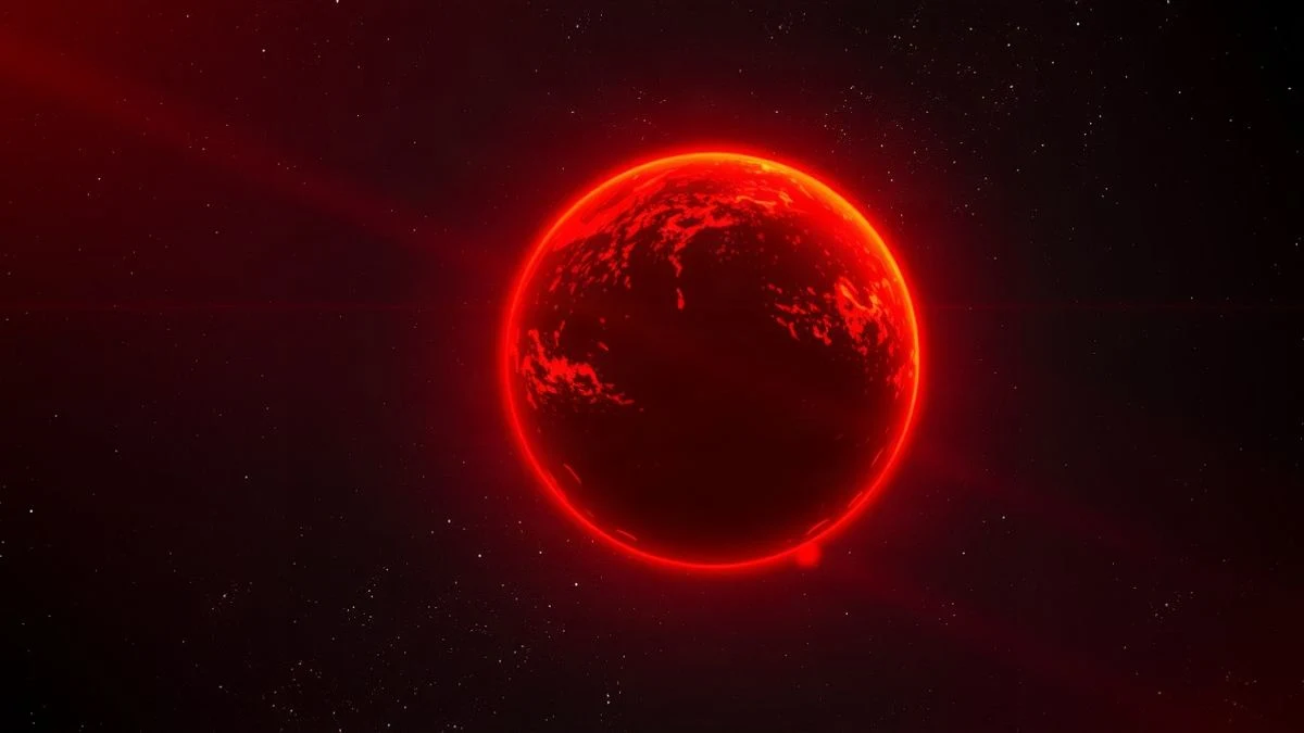 Imagen ilustrativa: un objeto rojo brillante en el espacio, con una envoltura de gas y un núcleo oscuro, sobre un fondo de estrellas.