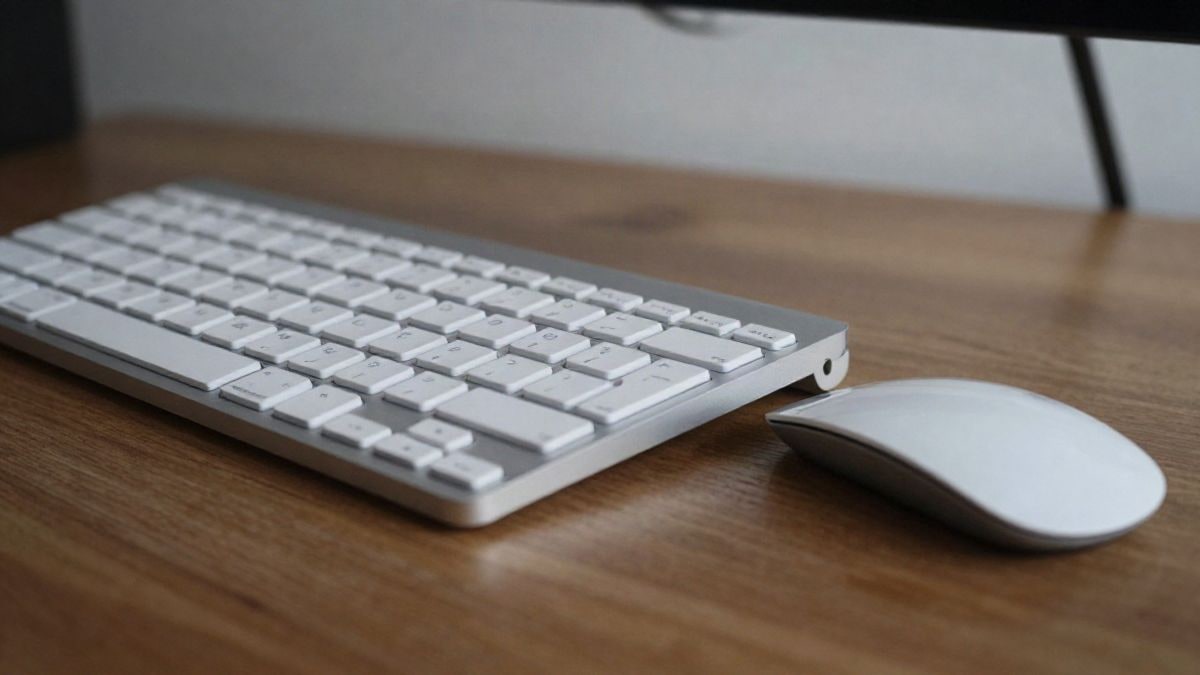 Imagen ilustrativa: teclado y ratón inalámbricos blancos sobre una mesa de madera, con luz natural y cielo de fondo
