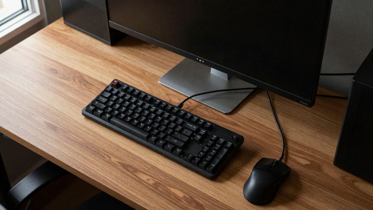 Imagen ilustrativa: vista cenital de un escritorio con ordenador, teclado y ratón para jugar en PC