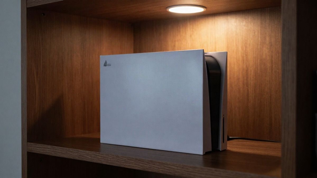 Imagen ilustrativa: una consola de videojuegos sobre una estantería iluminada por una lámpara