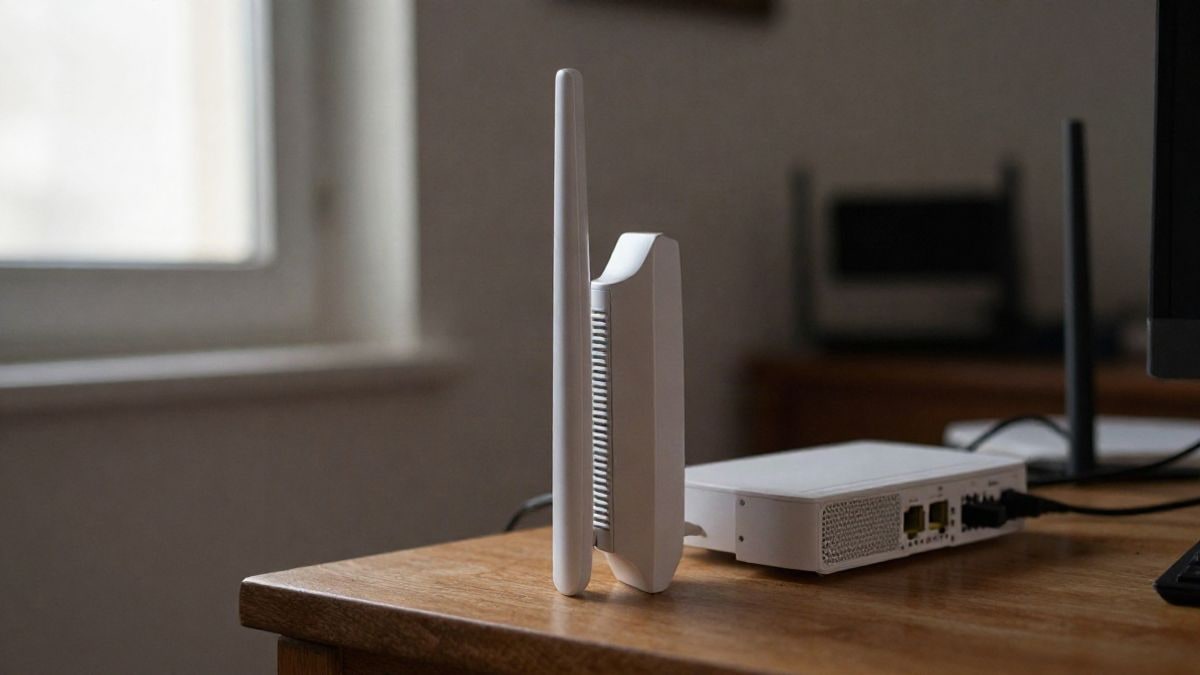 Imagen ilustrativa: dos repetidores de red blancos sobre una mesa junto a un router desenfocado