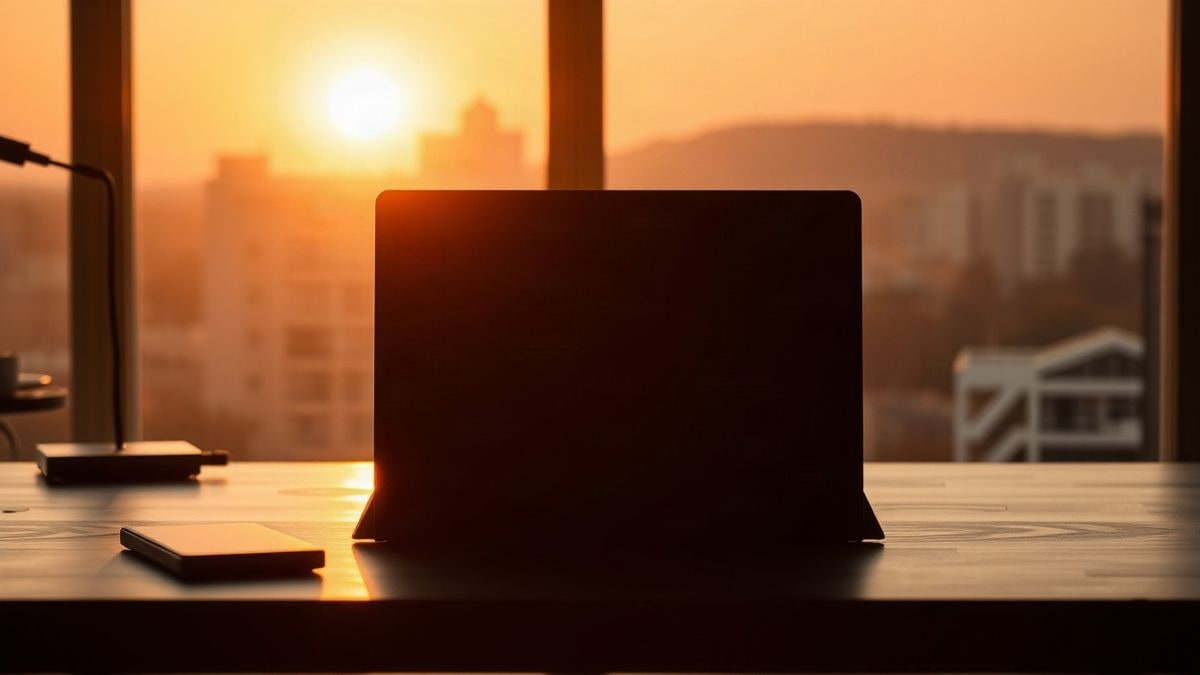 Imagen ilustrativa: un portátil ultradelgado sobre una mesa, con contraluz al atardecer y sombras largas.