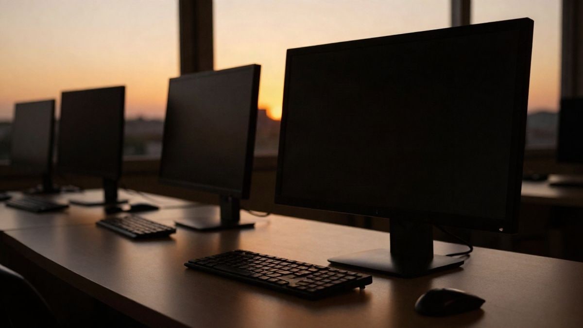 Imagen ilustrativa: silueta de un monitor y un teclado en un escritorio a contraluz al atardecer