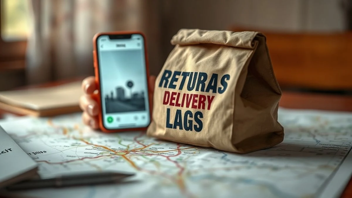 Imagen ilustrativa: una bolsa de entrega de comida sobre un mapa, con un teléfono mostrando Google Maps al fondo, en un ambiente con luz natural dramática.