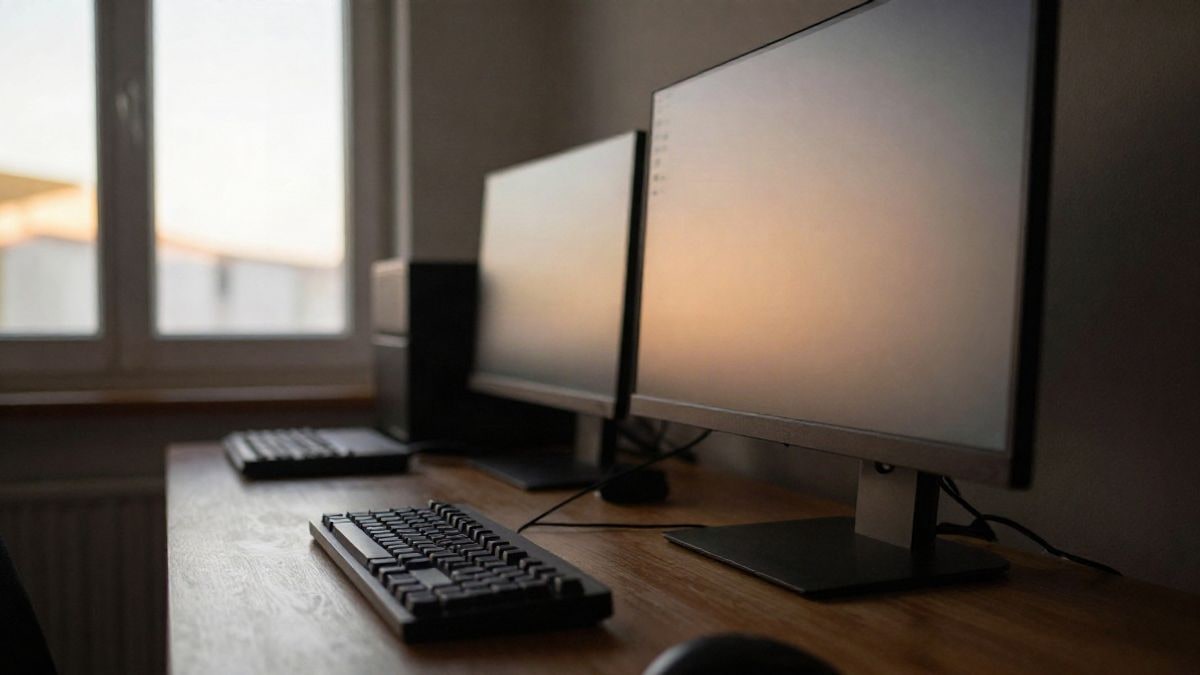 Imagen ilustrativa: un equipo de sobremesa con teclado y monitor encendido en una habitación con poca luz
