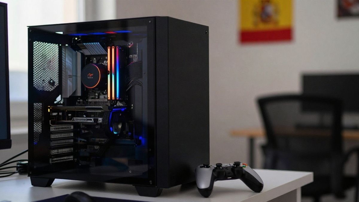 Imagen ilustrativa: torre de PC con tarjeta gráfica visible y un mando de consola sobre la mesa
