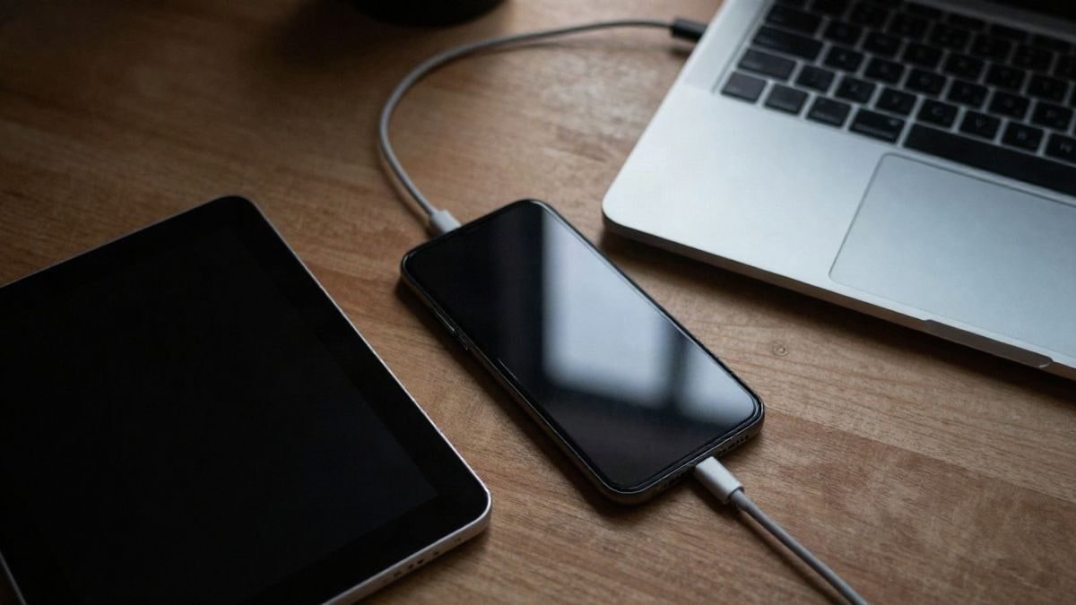 Imagen ilustrativa: vista cenital de un teléfono, un portátil y una tablet apagados sobre una mesa de madera