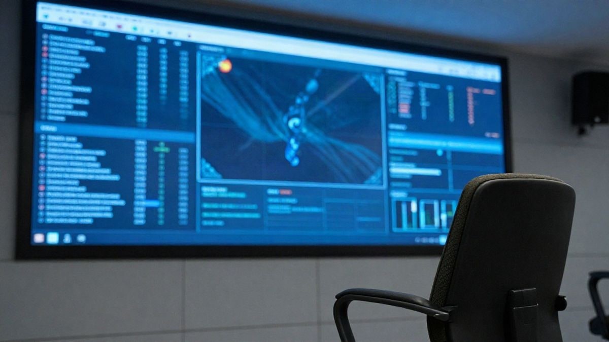 Imagen ilustrativa: sala de operaciones militares moderna con pantalla de datos y silla vacía en primer plano