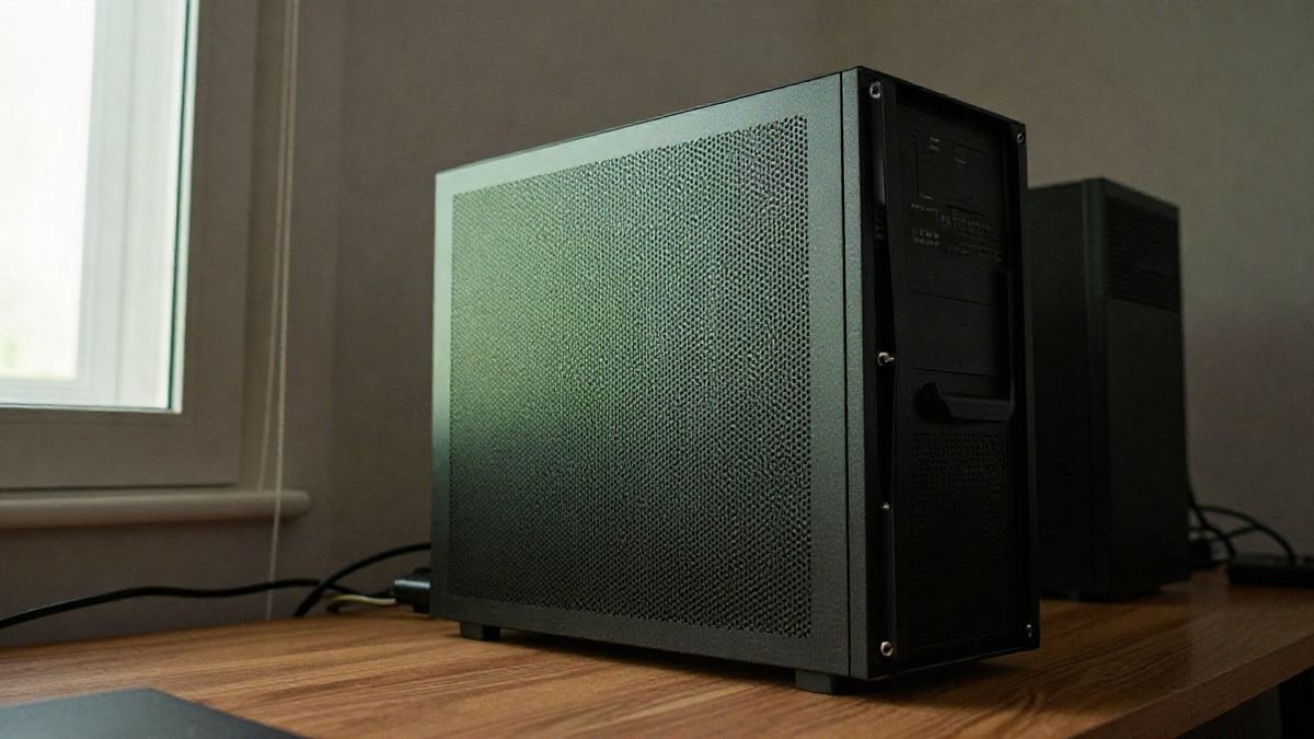 Imagen ilustrativa: torre de PC con rejilla perforada y asas integradas sobre una mesa de madera