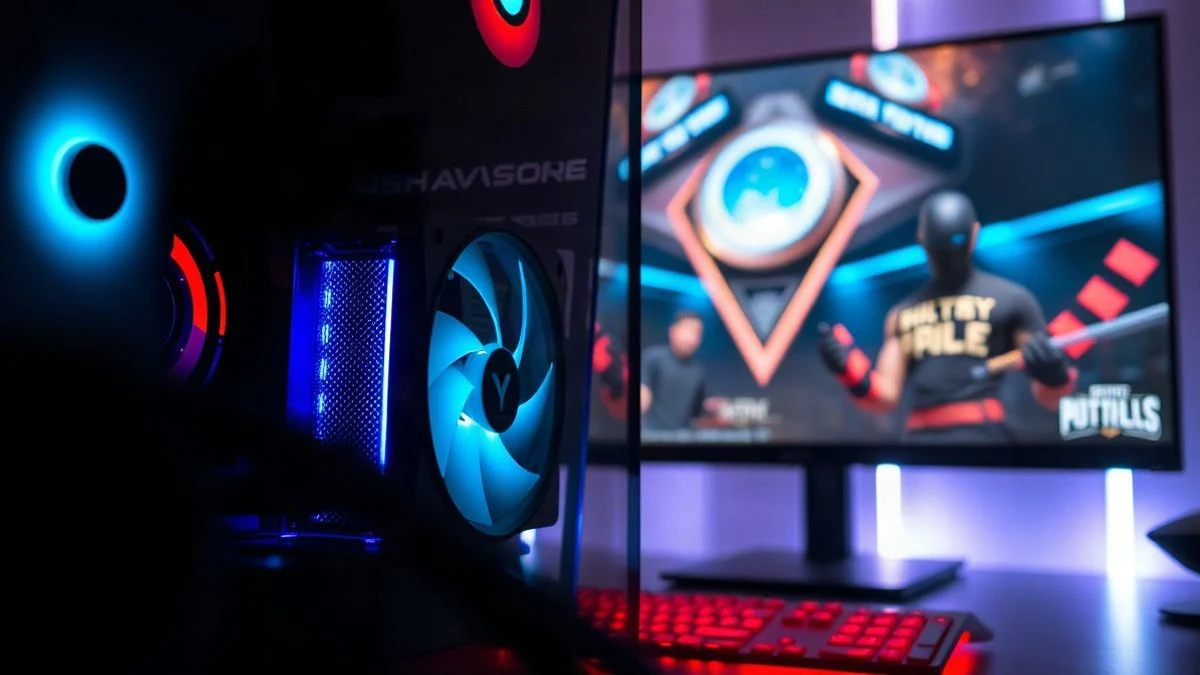 Imagen ilustrativa: un PC gaming con iluminación LED y un monitor con un juego de lucha difuminado.
