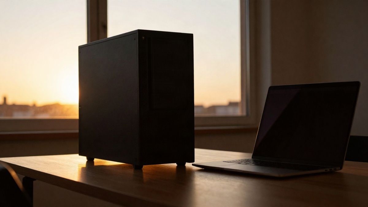 Imagen ilustrativa: silueta de un ordenador de sobremesa y un portátil sobre una mesa al atardecer