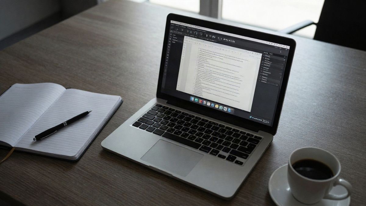 Imagen ilustrativa: vista cenital de un escritorio con un portátil mostrando una interfaz de edición de documentos