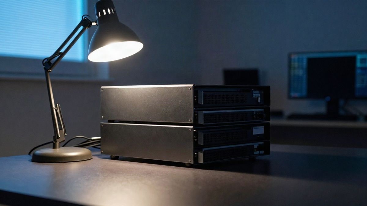 Imagen ilustrativa: un dispositivo compacto de computación con luz artificial en un entorno nocturno