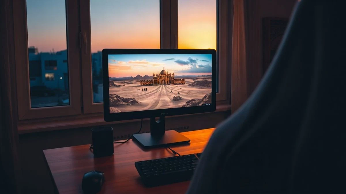 Imagen ilustrativa: un monitor moderno muestra un videojuego clásico de palacios desérticos al atardecer, con teclado y ratón en un escritorio de madera.