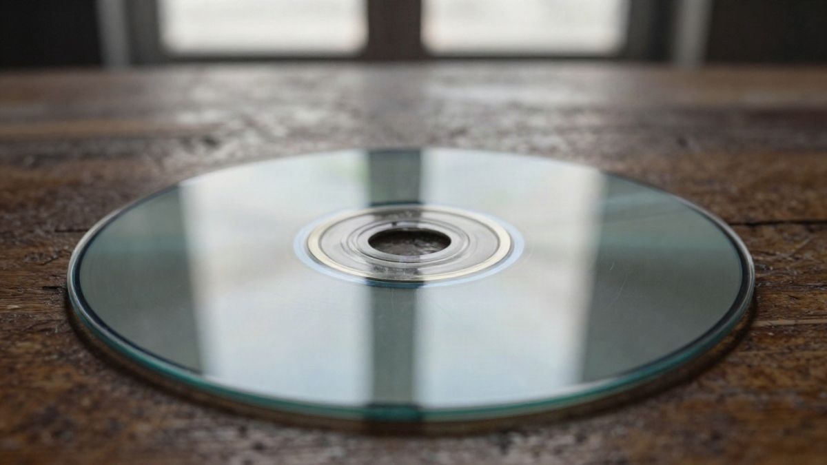 Imagen ilustrativa: un disco óptico rayado sobre una mesa de madera envejecida con luz natural.