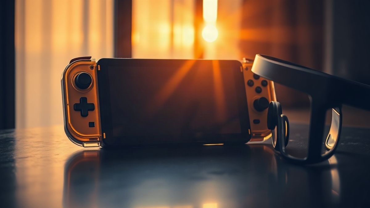 Imagen ilustrativa: una consola portátil de gaming de color negro translúcido con detalles dorados sobre una mesa de madera, con gafas de realidad aumentada al lado, iluminada por un contraluz al atardecer.