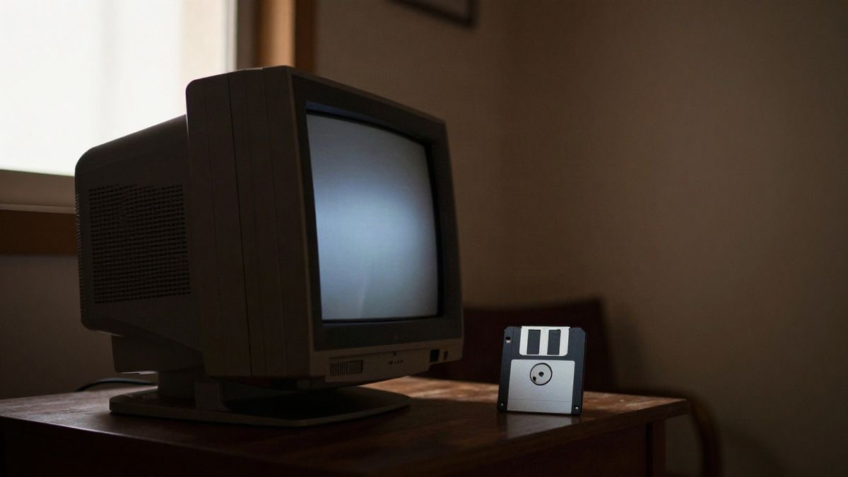 Imagen ilustrativa: un monitor antiguo de tubo encendido en una habitación oscura, con un disquete junto a él
