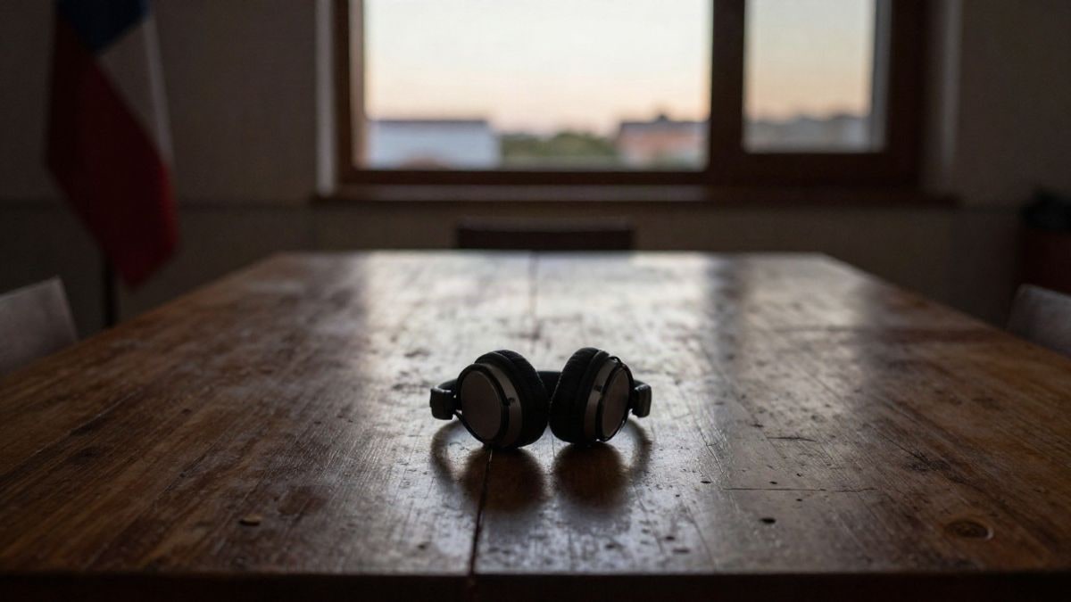 Imagen ilustrativa: unos auriculares pequeños sobre una mesa de madera en un plano amplio al atardecer
