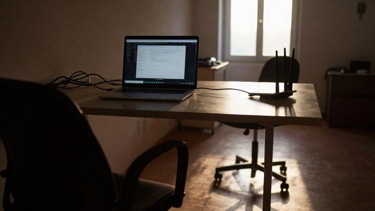 Imagen ilustrativa: escritorio con portátil y router al atardecer, con sombras largas