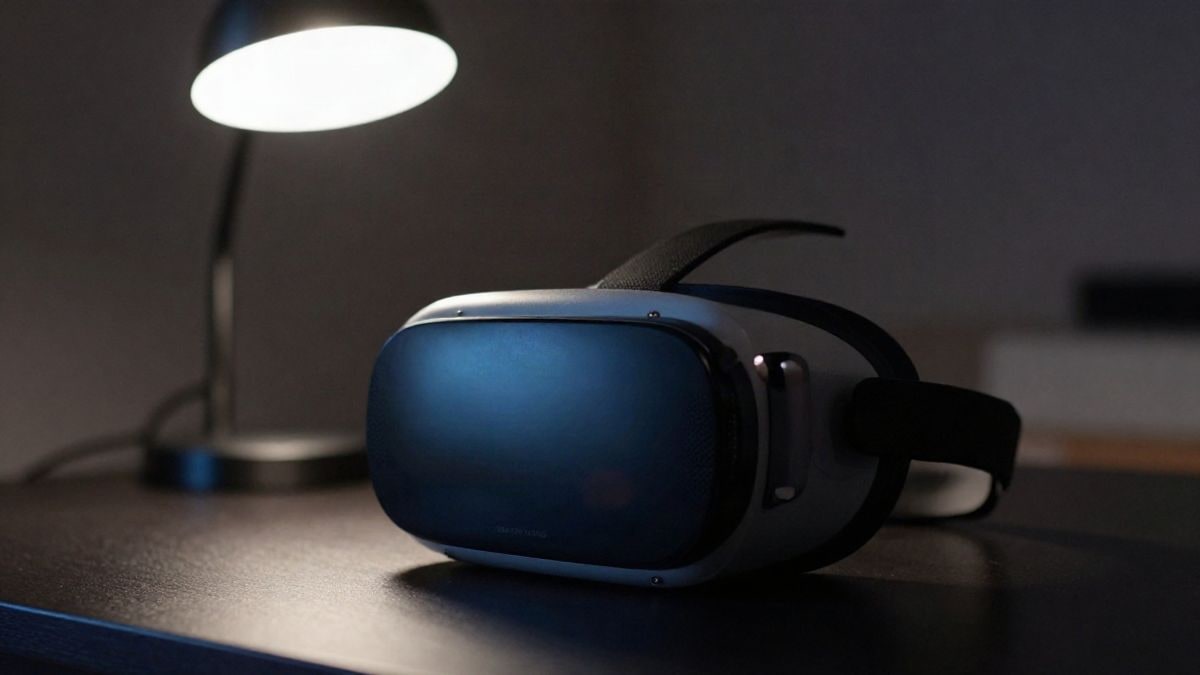 Imagen ilustrativa: visor de realidad virtual sobre una mesa en una habitación con luz artificial nocturna